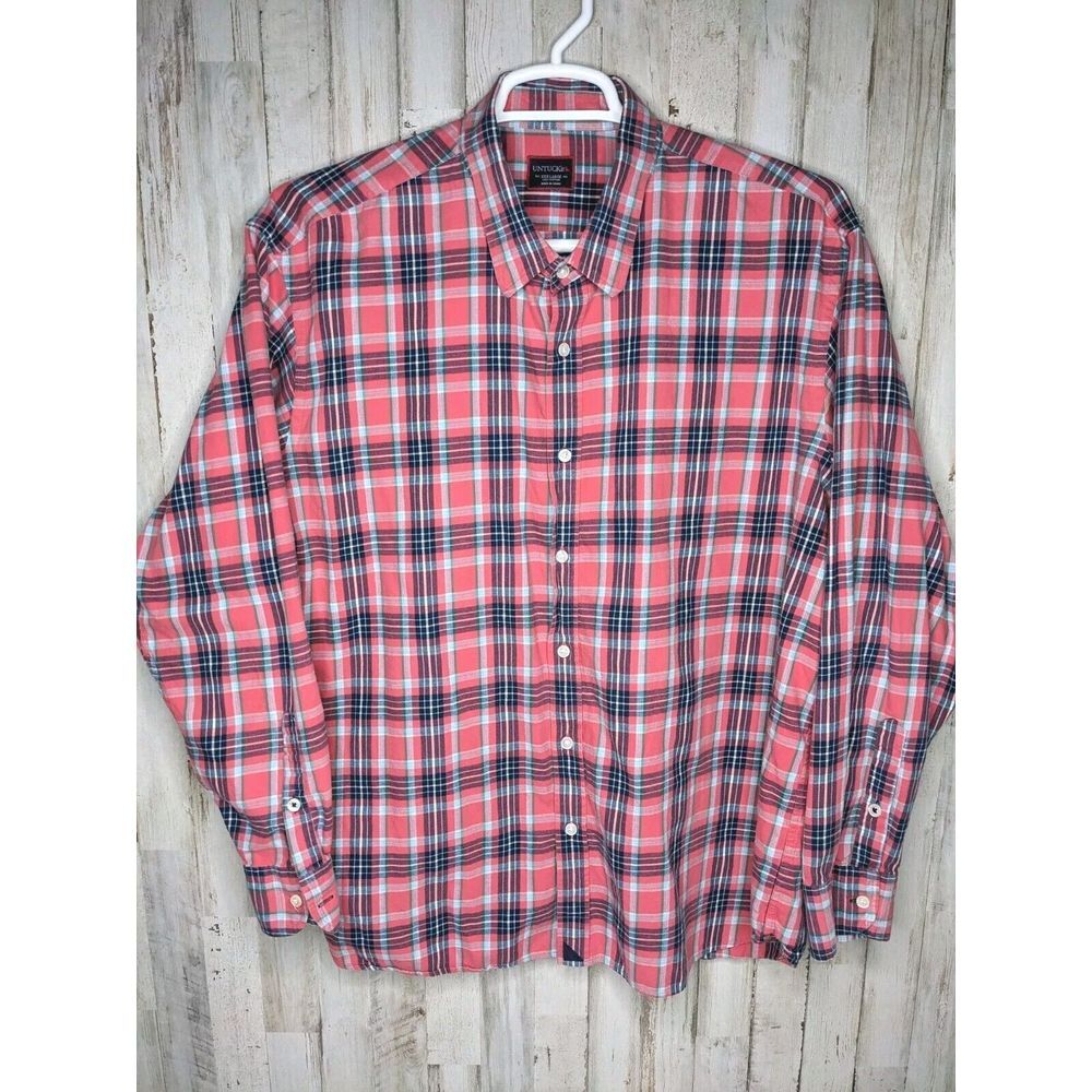 Untuckit Shirt Men's 3XL Red Blue Plaid‎ Shirt Long Sleeve Button Up